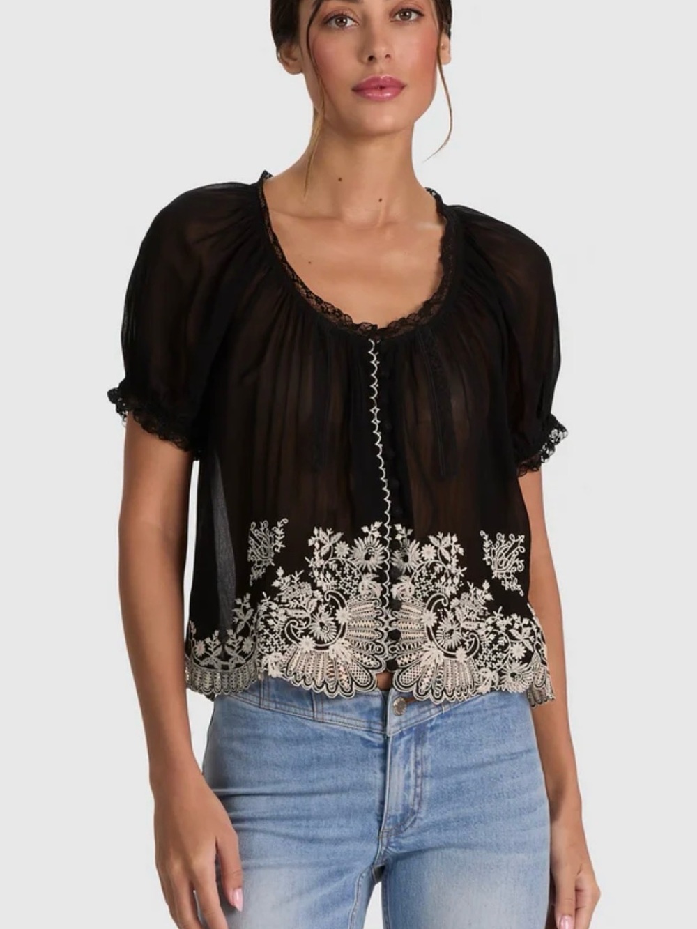 Alice + Olivia Black Georgette Embroidered Lace-Trim Blouse